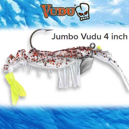 egret fishing lures Jumbo Vudu Shrimp 4 inch - Pearl Chartreuse