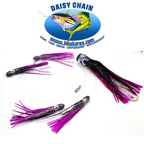 daisy chain saltwater fishing lure JAW Lures Daisy Chain with Ballyhoo Rig - Black/Purple - 6-1/2"