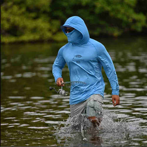 Aftco Space Blue Heather Barracuda Geocool L/S Hooded Performance Shirt with Mask in Space Blue Heather